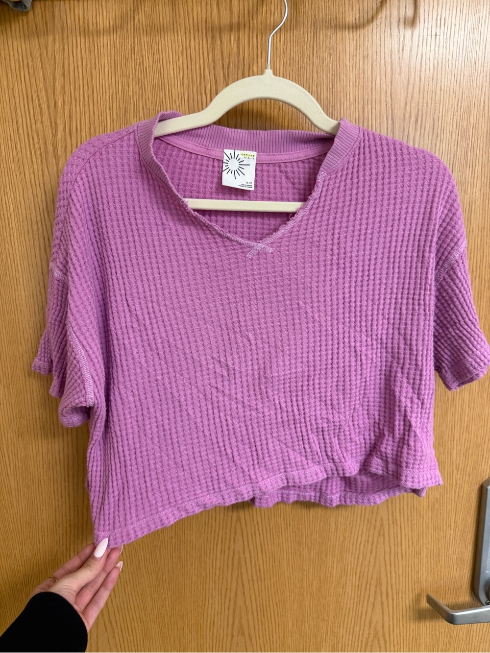 aerie Lavender Waffle Knit Cropped V‑Neck Top